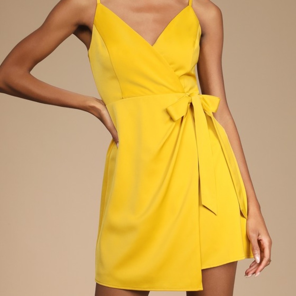 Lulus Joyful Disposition Yellow Satin Faux-wrap Mini Dress - Size S